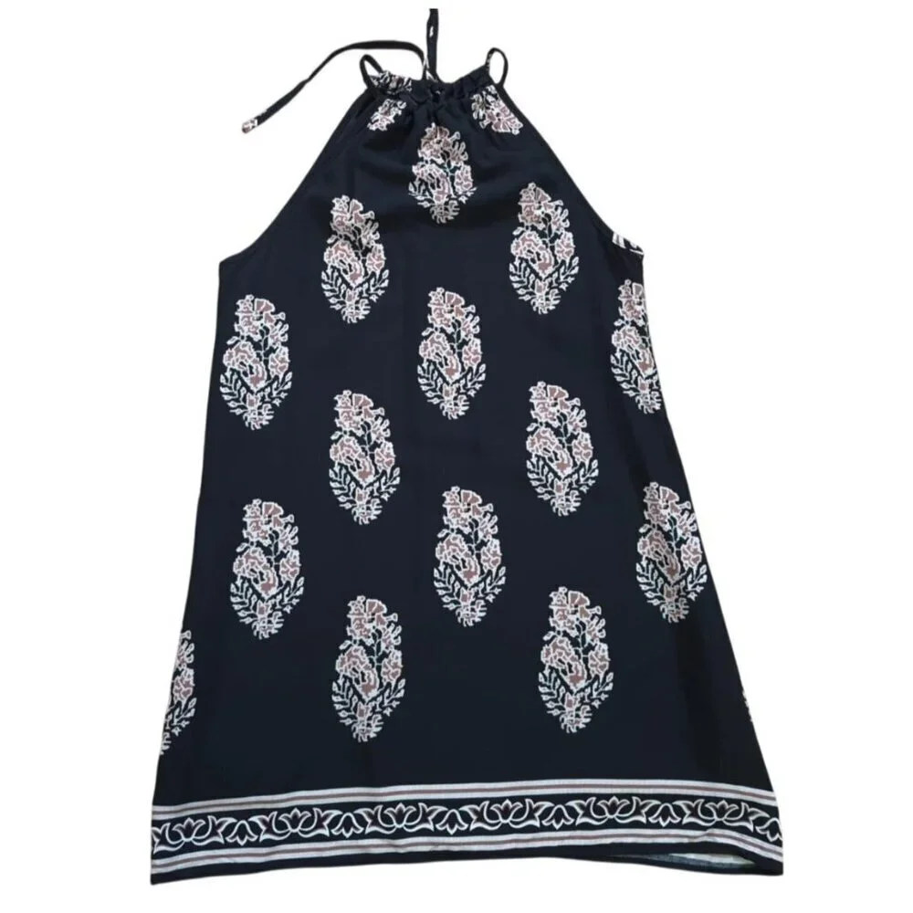 Black Floral Halter Dress Womens XS Sleeveless Tie Back Summer Boho Mini Dress